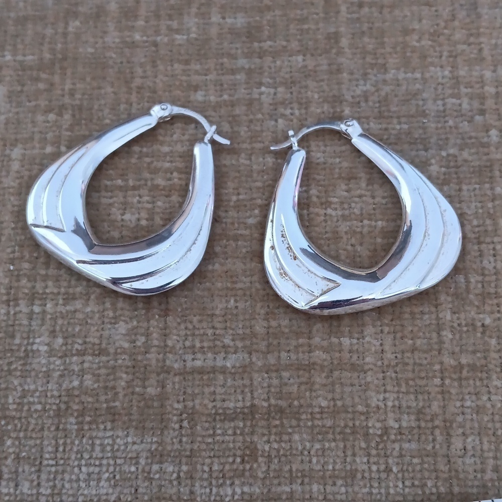 Silver Latch Back Triangle Puffy Hoop Earrings